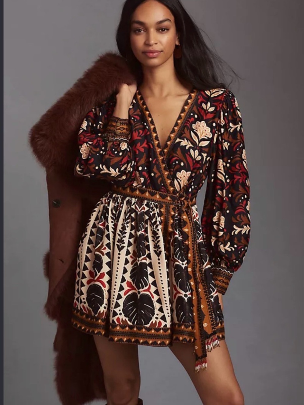 Farm Rio Tapestry Garden V-Neck Belted Mini Dress